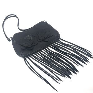 Black Leather Flower Power Shoulder Bag w/Fringe